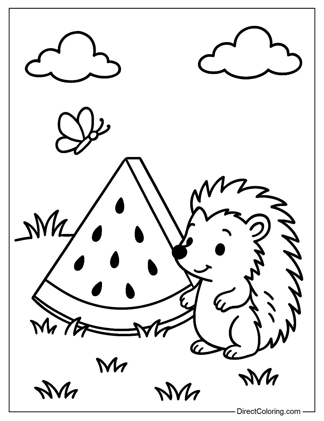 A little hedgehog standing next to a slice of watermelon cut into a triangle on the grass.